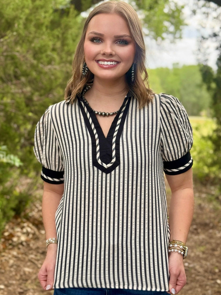 Mia Black Stripe Collar Blouse