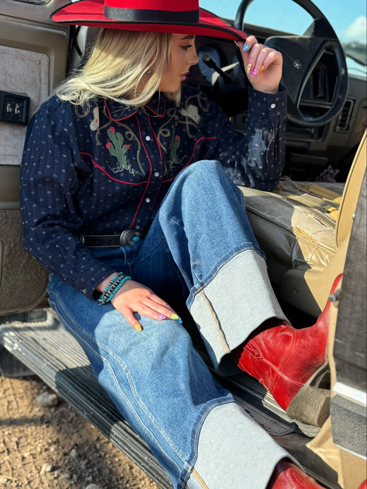 Rodeo Embroidered Button Down Top