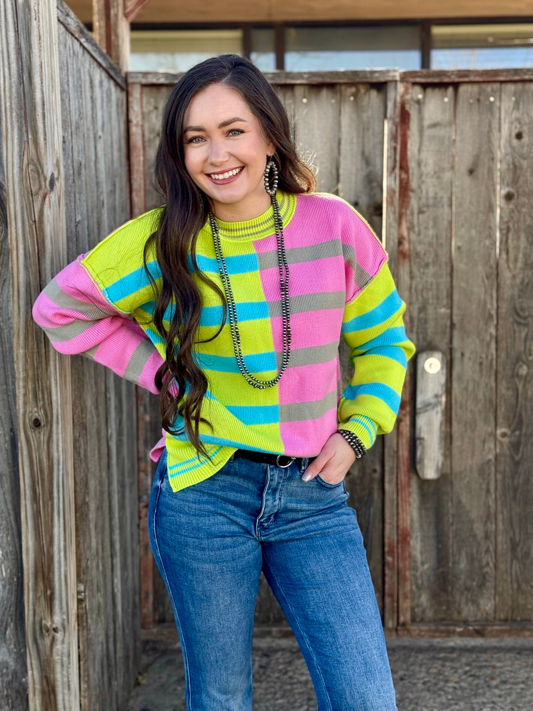 Treva Colorblock Lime Green & Pink Striped Sweater