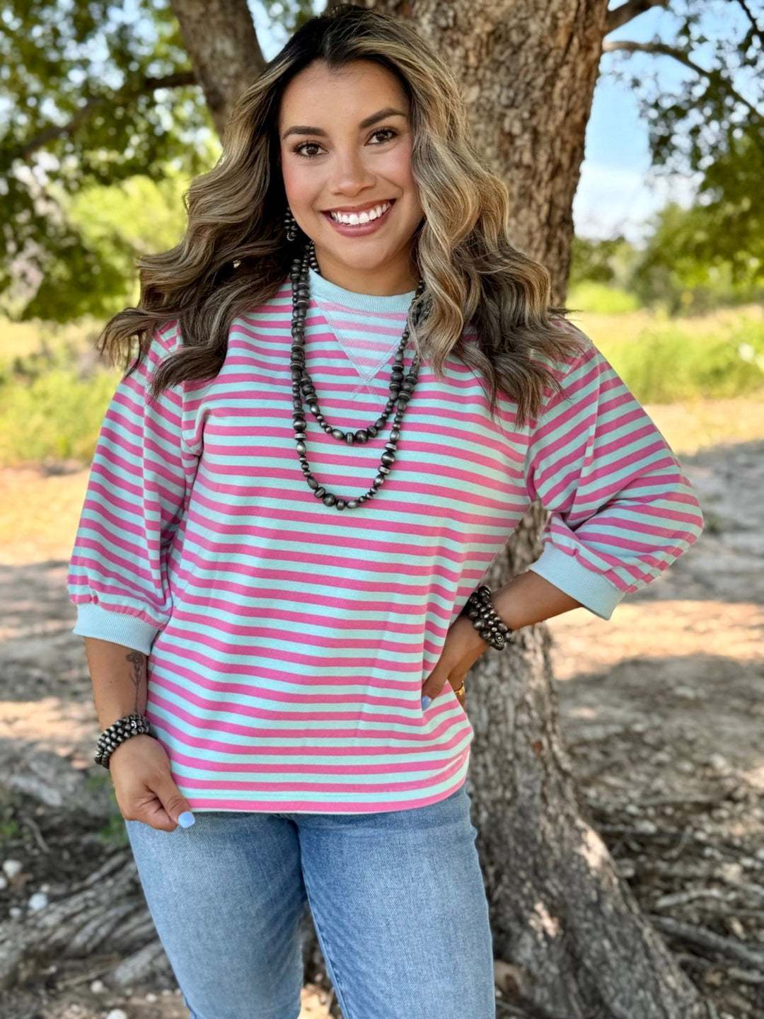 Callista Mint & Pink Striped Top