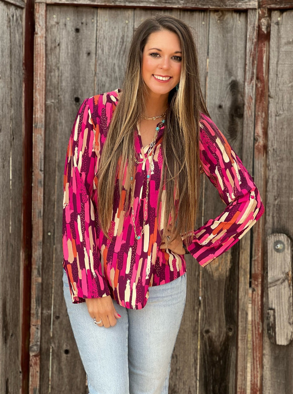 Pink and plum multi design patterned blouse
