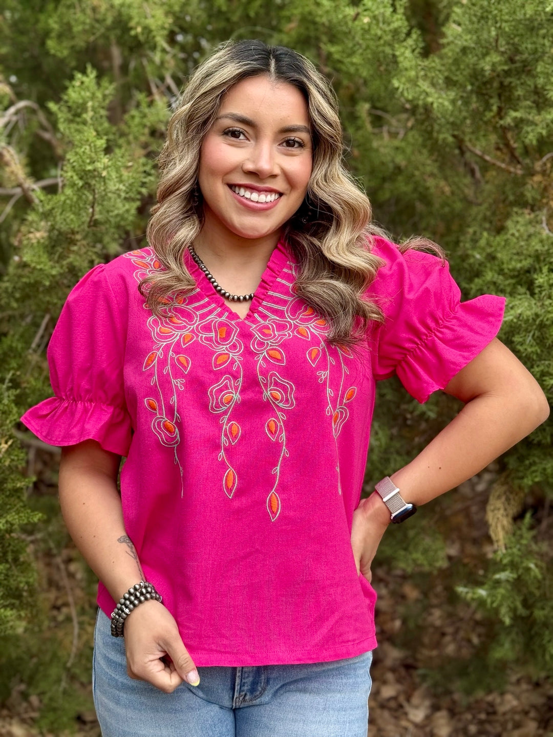 Floral Embroidered Bubble Sleeve V-Neck Top