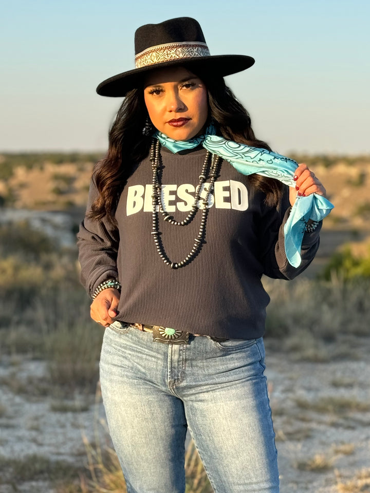 Blessed Grey Corded Pullover by Texas True Threads