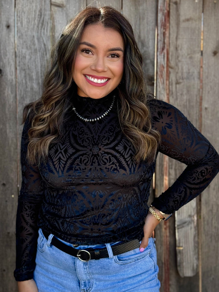 Tylee Black Paisley Velvet Mesh Top