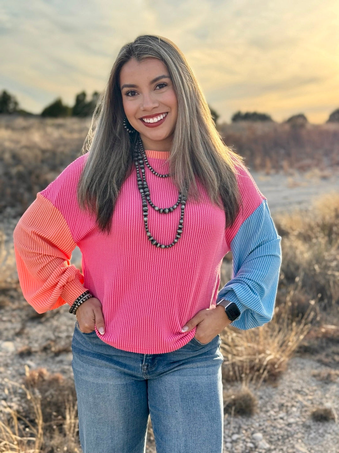 Boho Retro Pink Ribbed Top