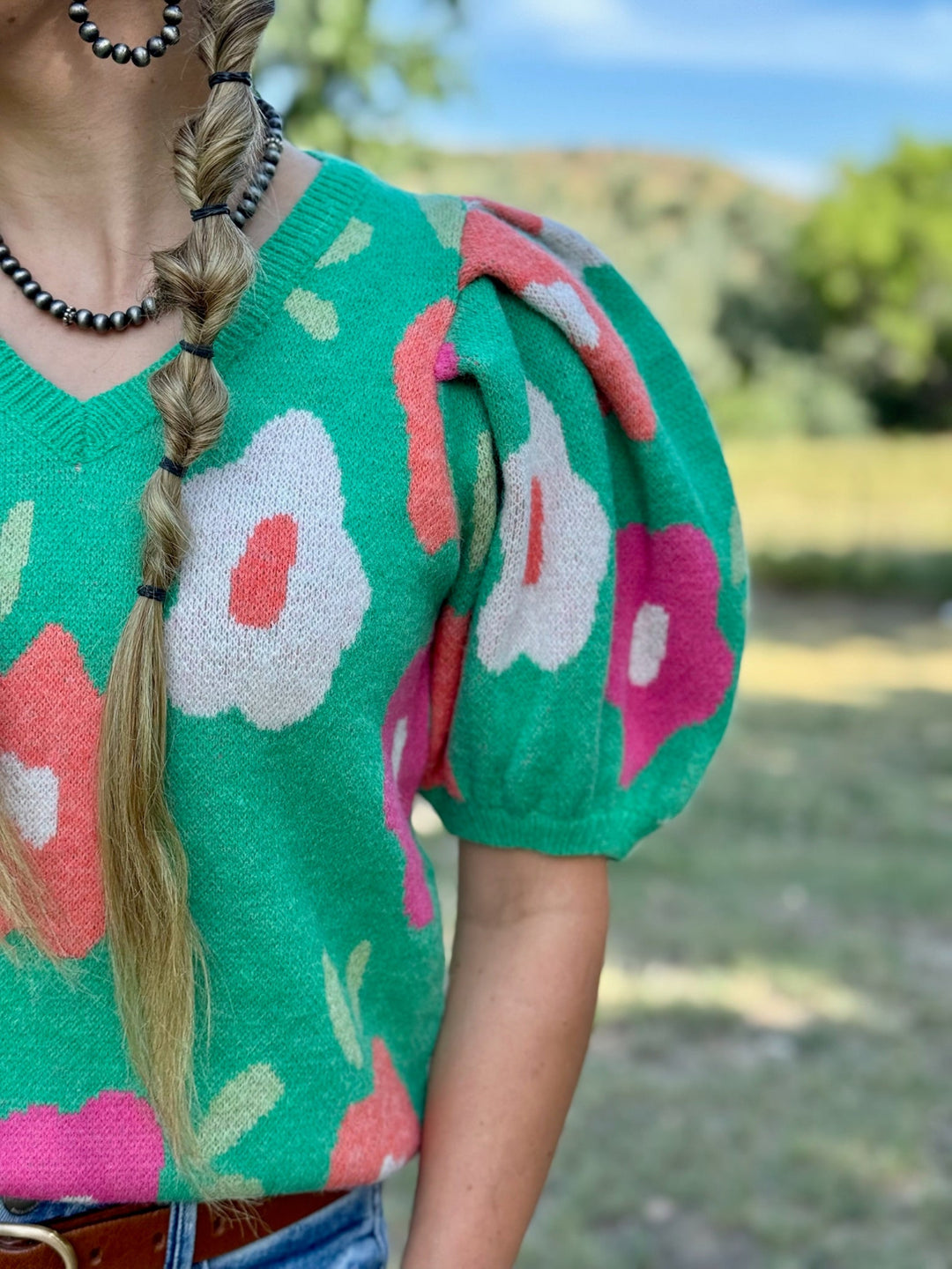 Harper Green Floral Puff Sleeve Sweater