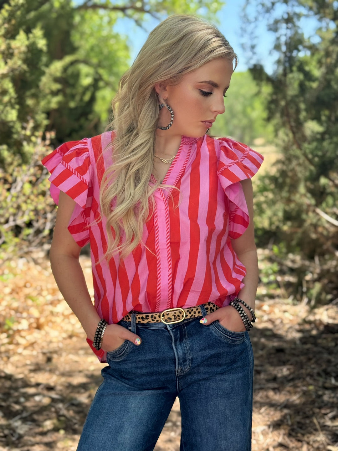 Bold Stripe Pink & Orange Flutter Sleeve Top