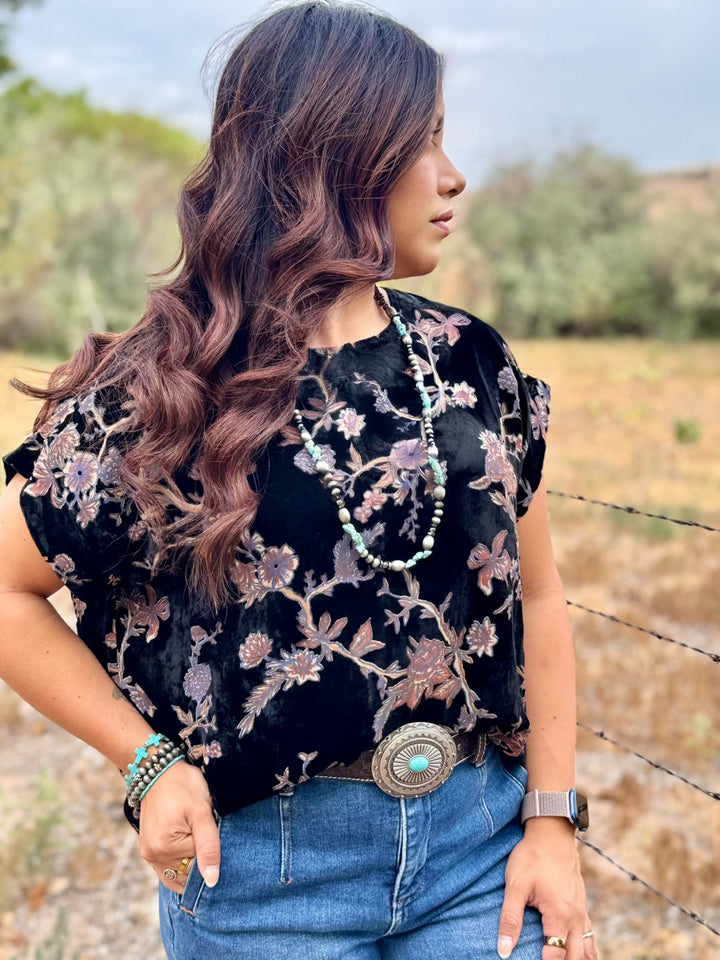 Mix Floral Black Velvet Top