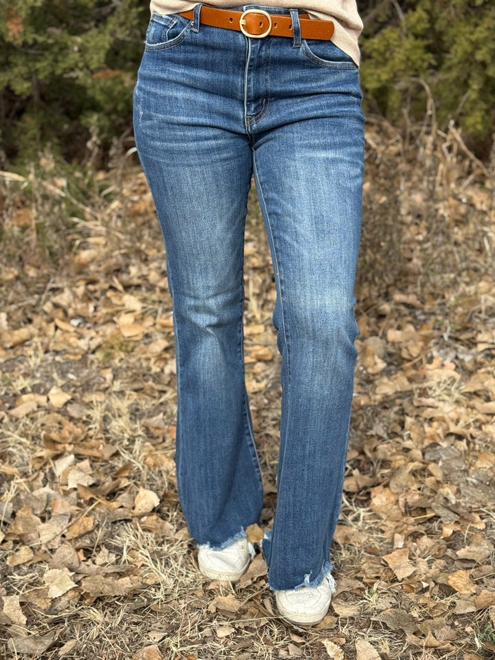 Aliyah Dark Wash Raw Hem Flare Jeans by Risen
