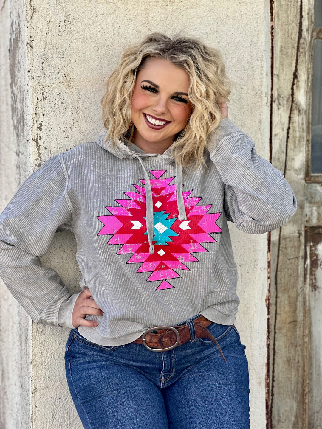 Poppin' Pink Aztec Grey Corded Hoodie by Texas True Threads