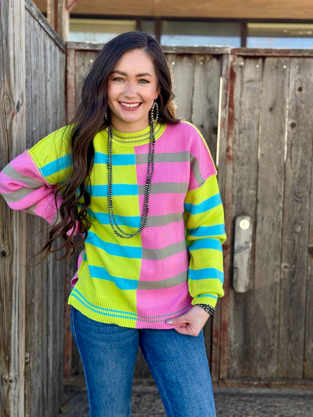 Treva Colorblock Lime Green & Pink Striped Sweater