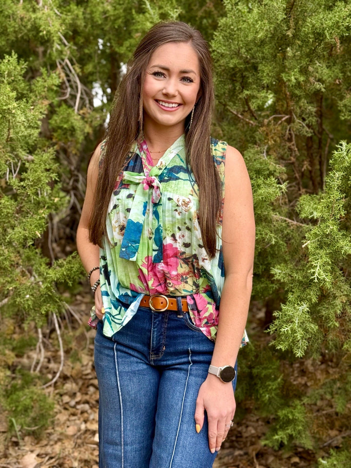 Green Escape Floral Pleated Top
