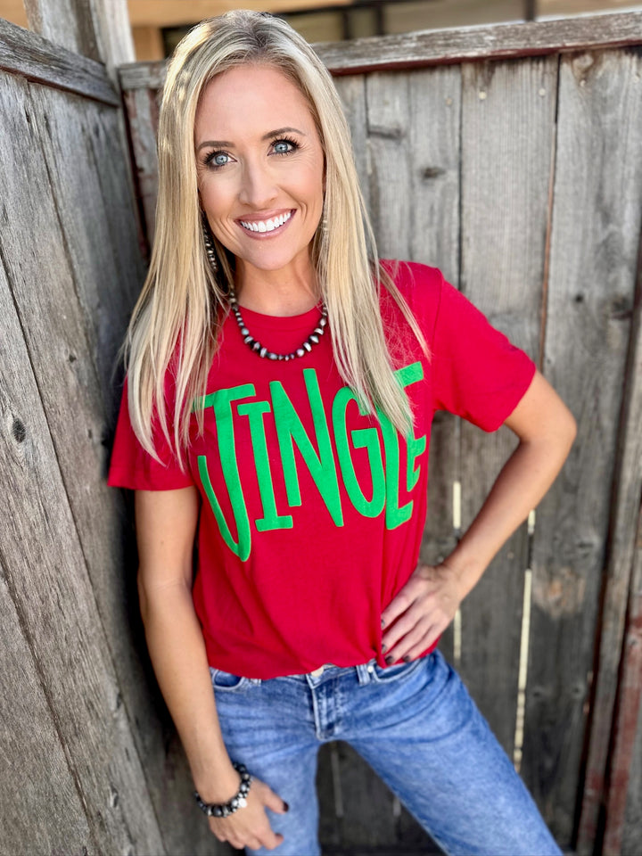Red Jingle with Green Puff Graphic Tee by Texas True Threads