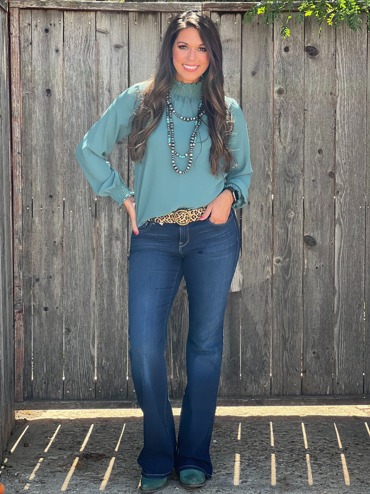 Vanna Teal High Neck Blouse