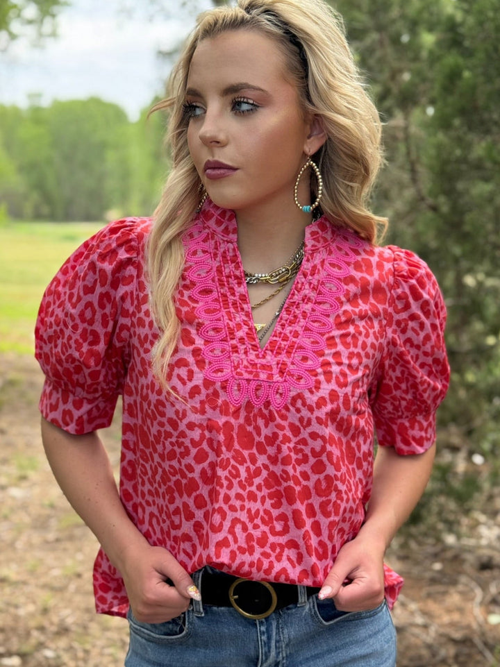 Leopard Print Puff Sleeve Top