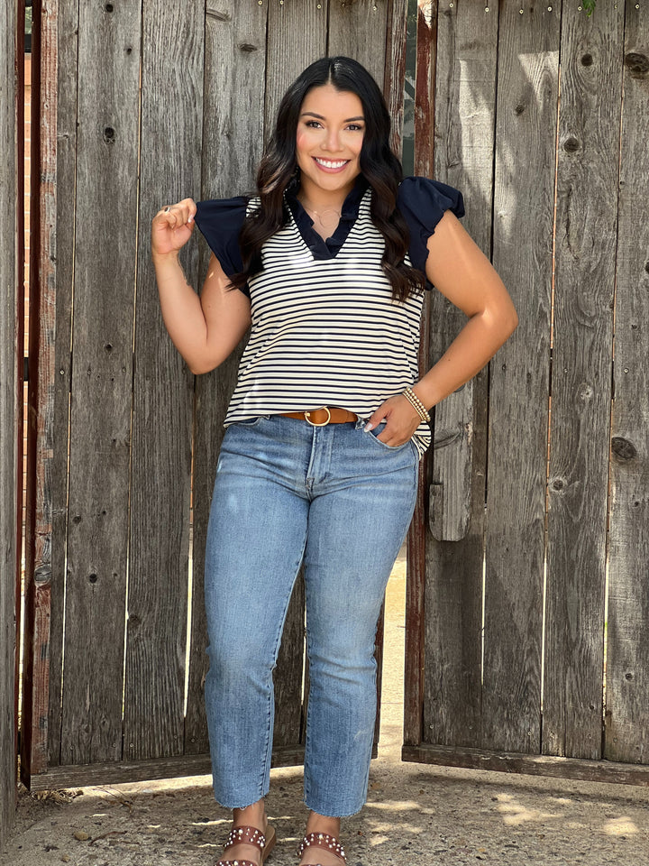 Alex Navy & Cream Stripe Ruffle Blouse