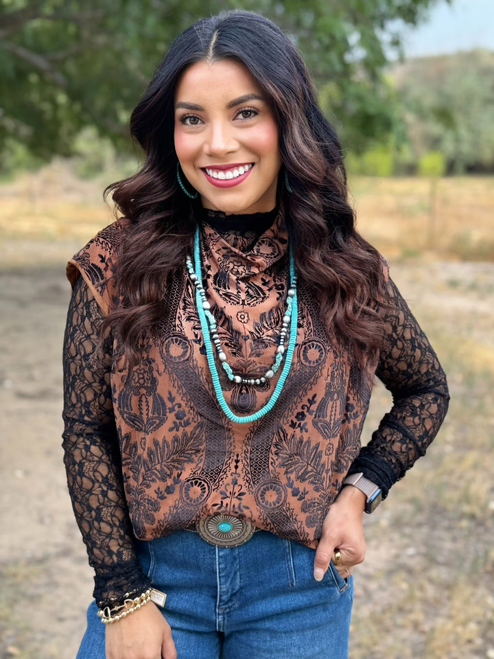 Camel Damask Velvet Top