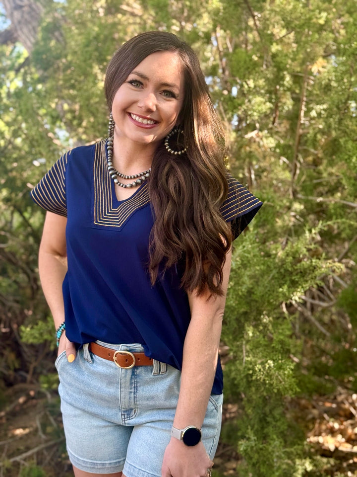 Saylor Navy V-Neck Top