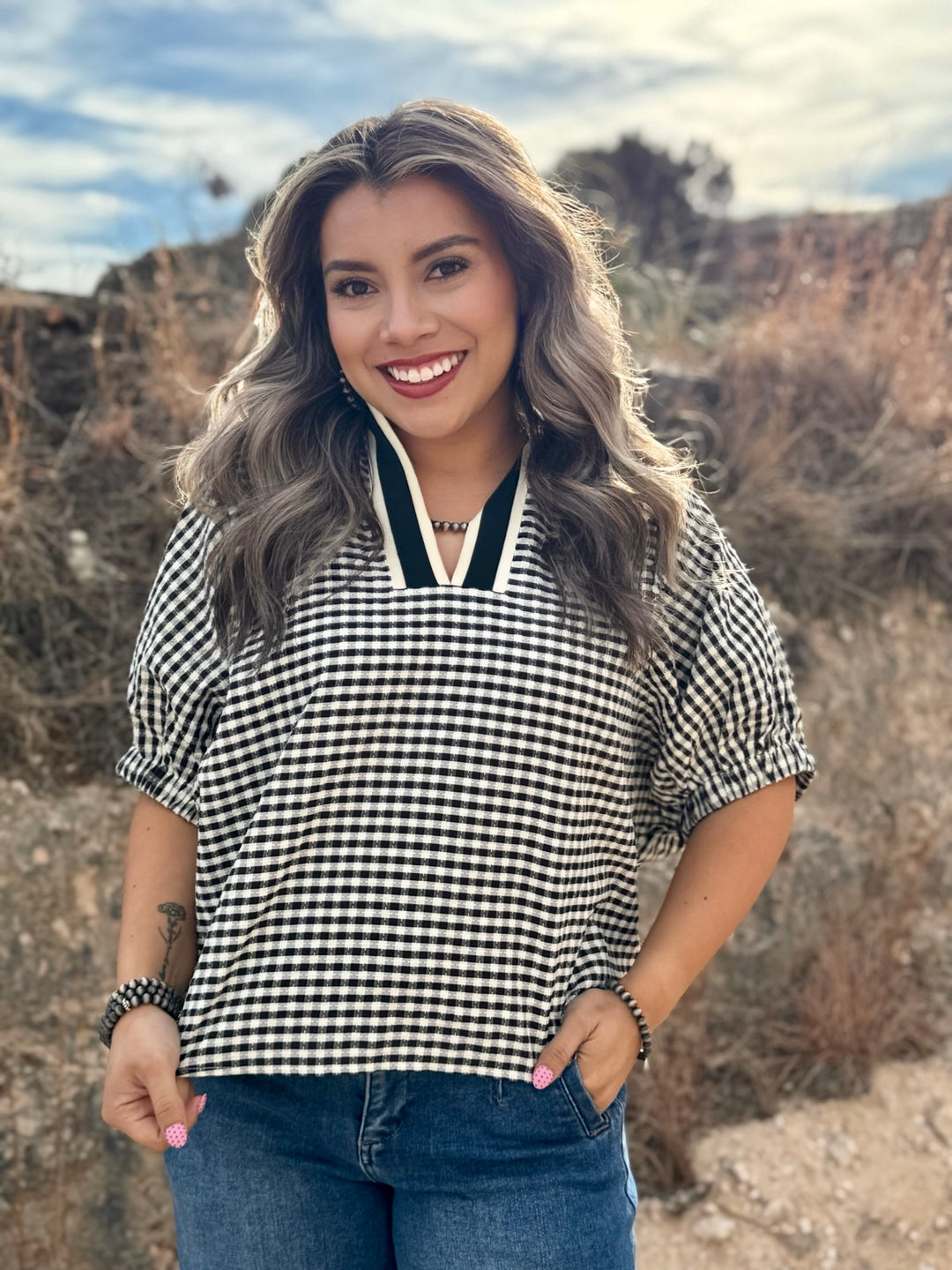 Maya Black & Cream Gingham Blouse