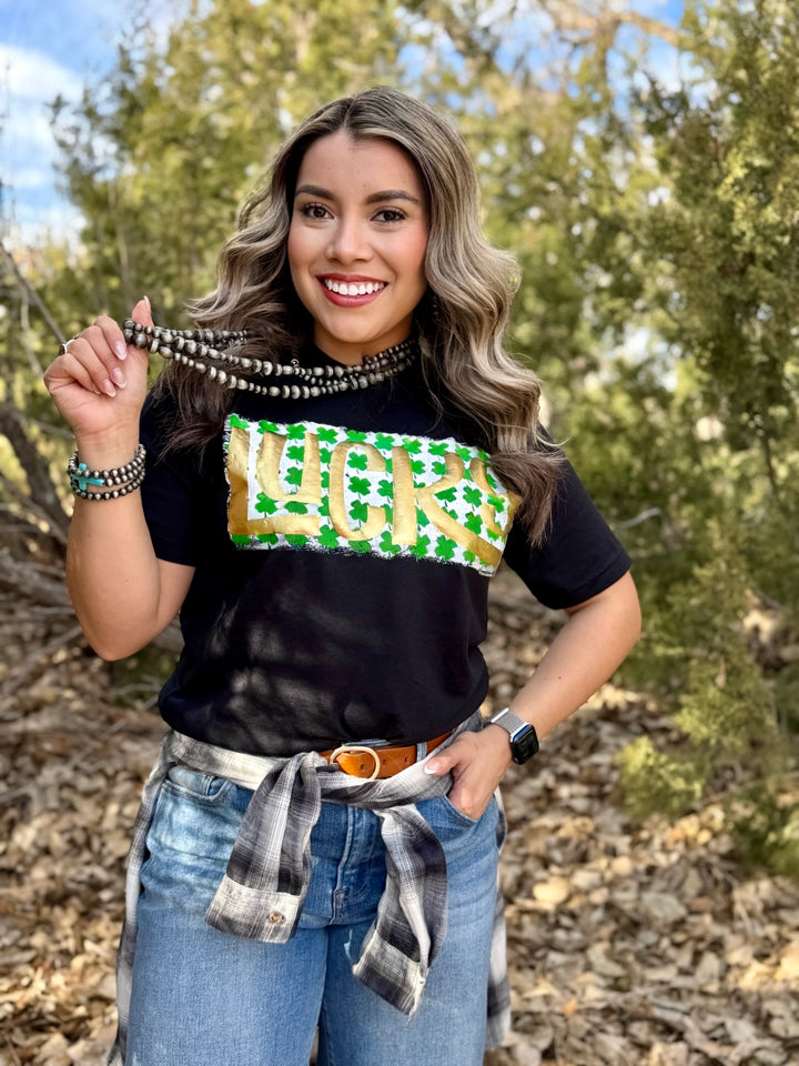 Lucky on 4 Leaf Clovers in Gold Puff Tee by Texas True Threads