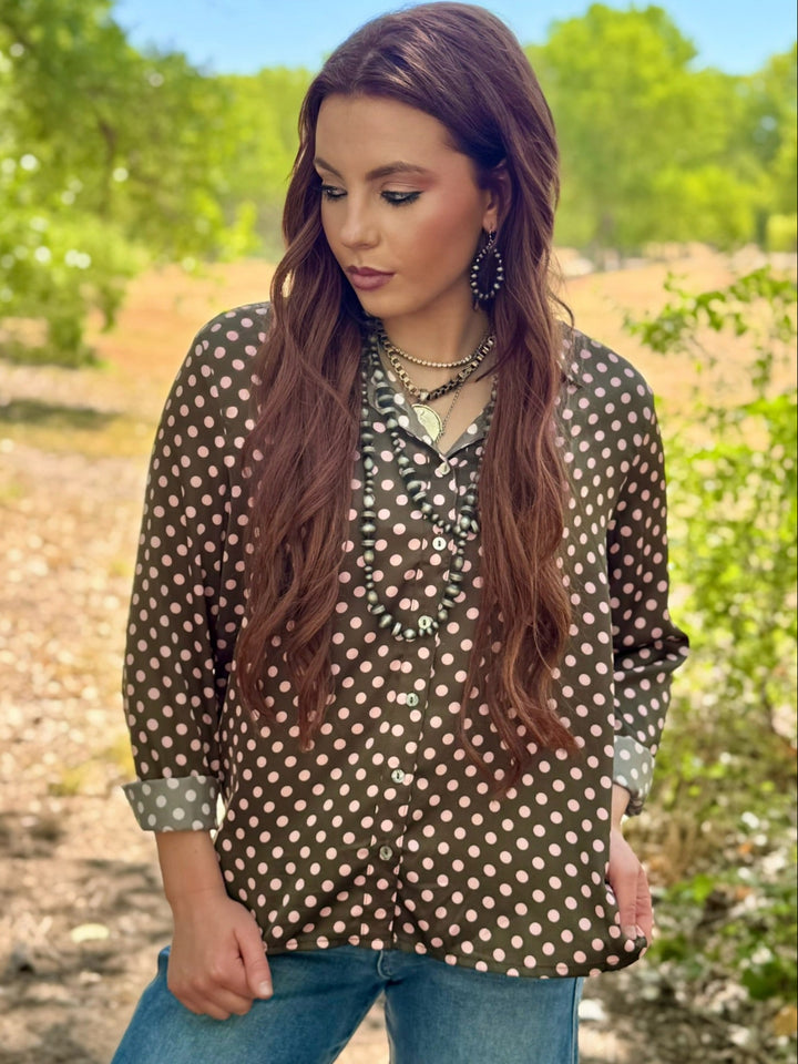 Hallie Pink Dot Button Up Top