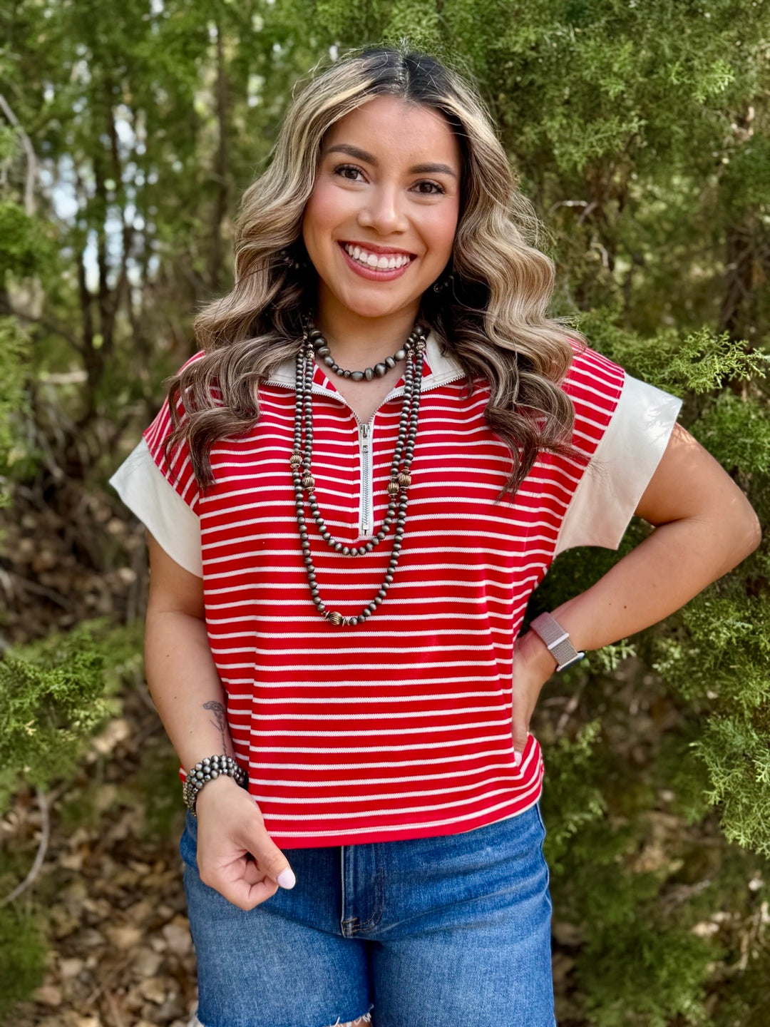 Red & Cream 1/4 Zip Top