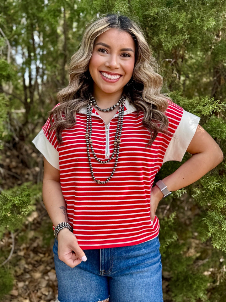 Red & Cream 1/4 Zip Top