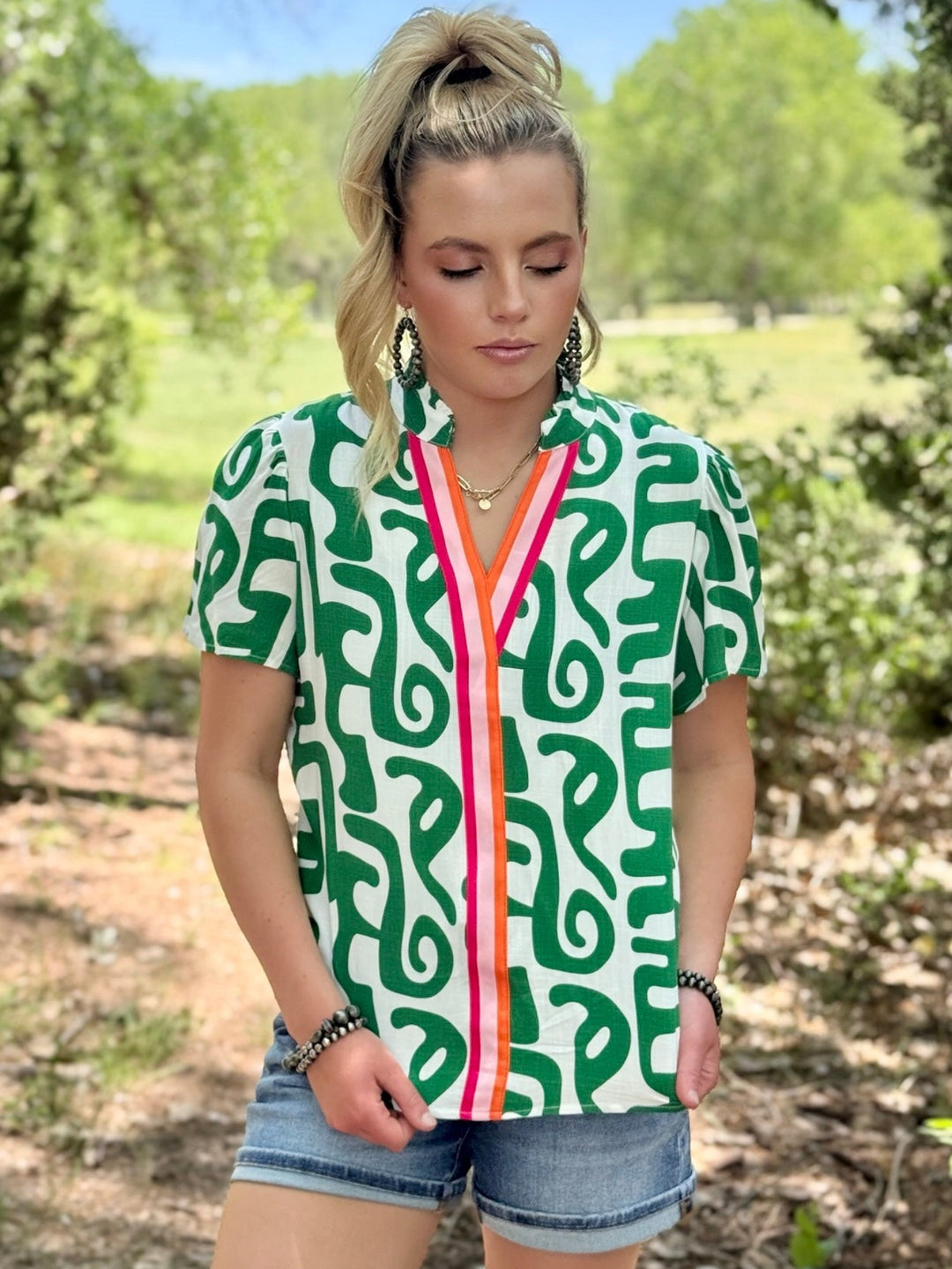 Abstract Stripe V-Neck Blouse