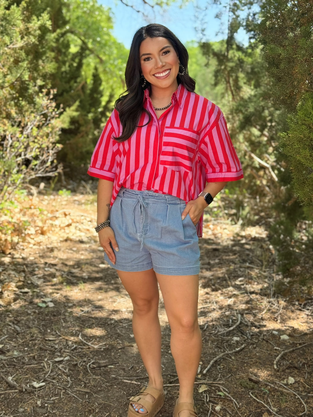 Ellis Red & Pink Button Down Top