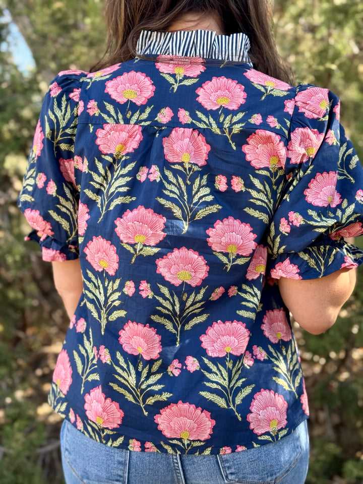 Jayla Navy & Pink Floral Blouse