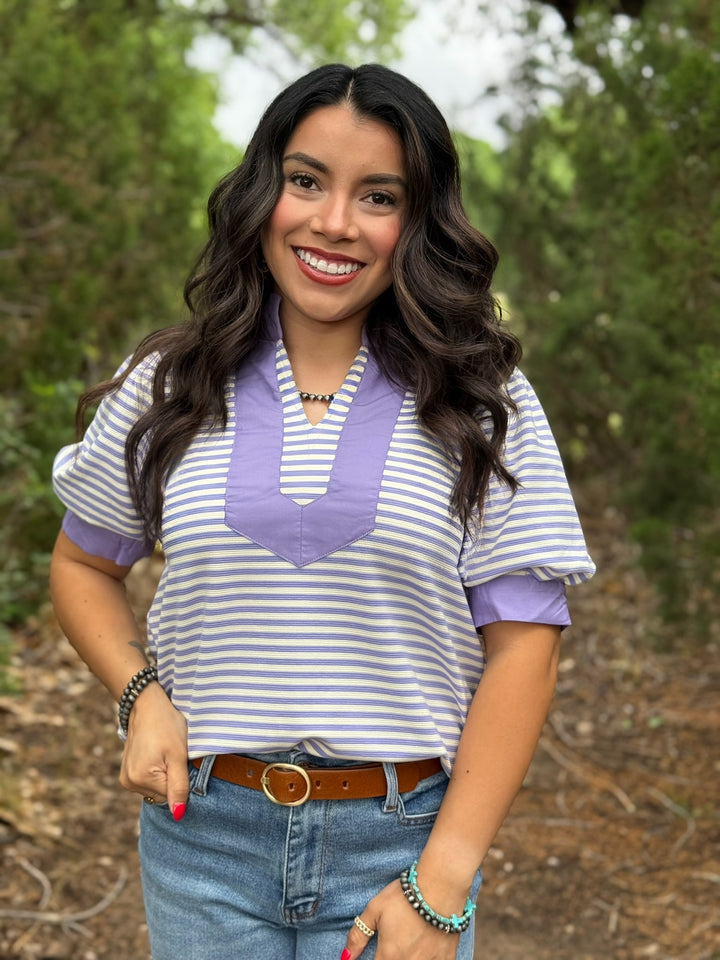 Lavender Dreams Striped V-Neck Top