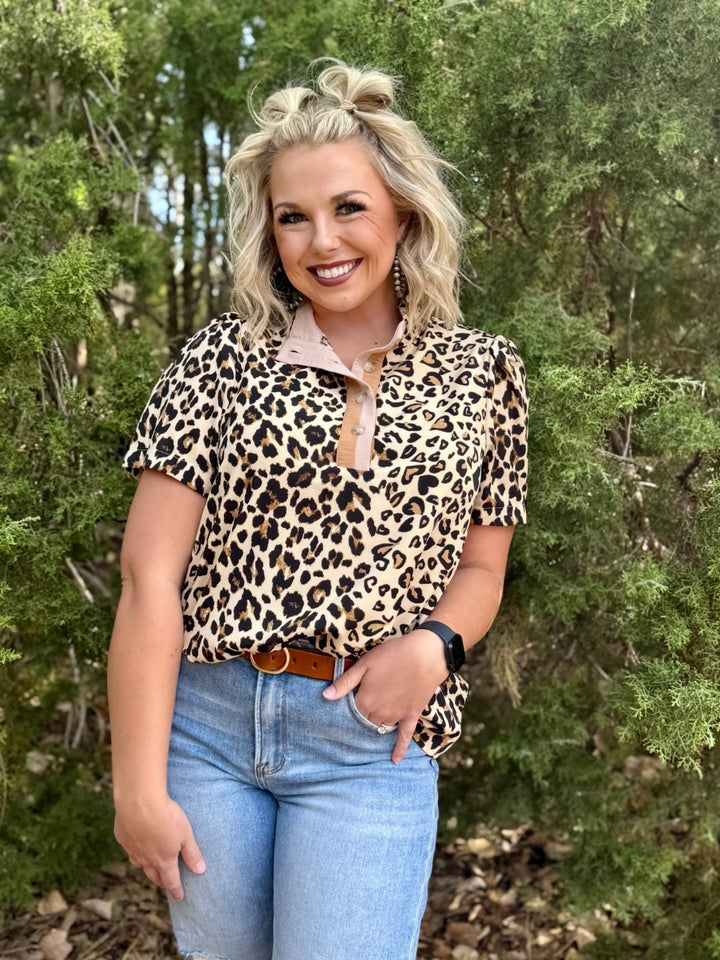 Rainey Leopard Quarter Button Blouse