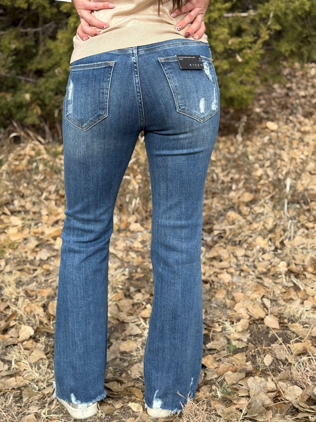 Aliyah Dark Wash Raw Hem Flare Jeans by Risen