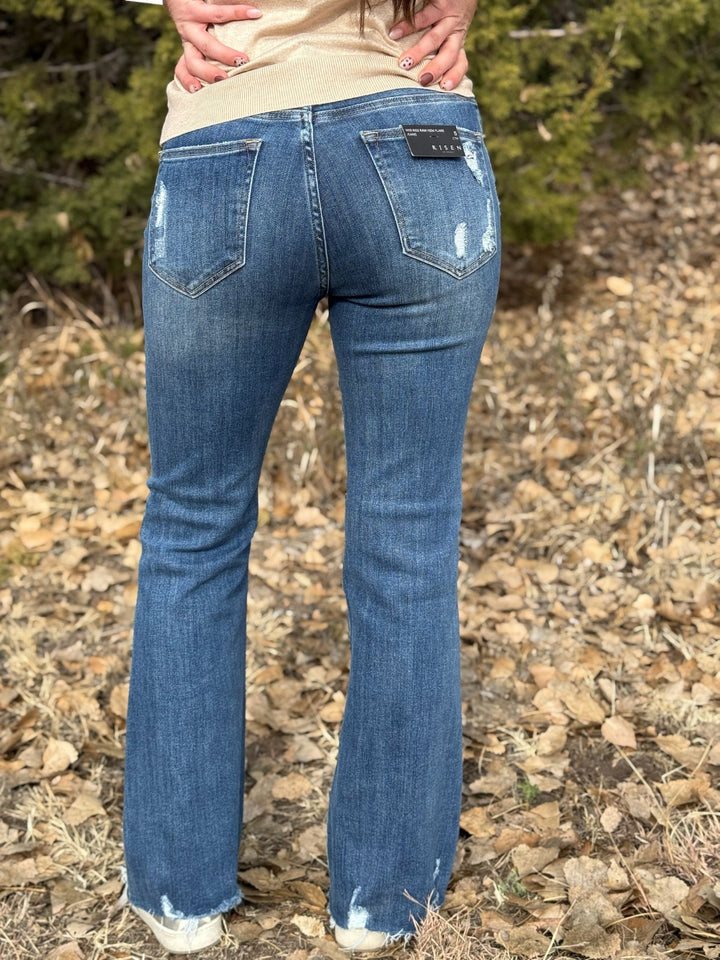 Aliyah Dark Wash Raw Hem Flare Jeans by Risen