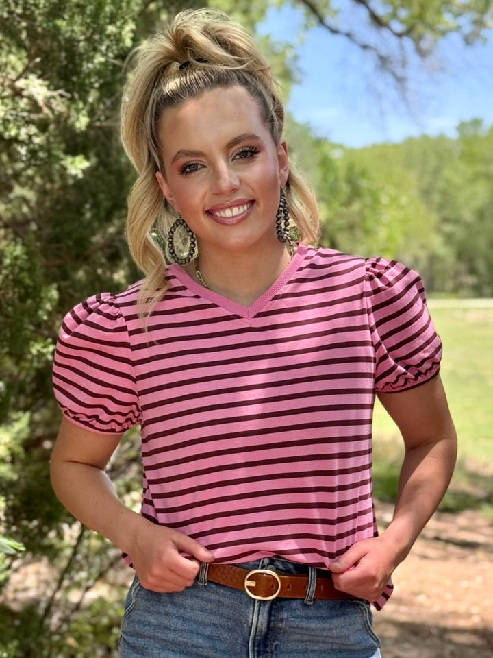 Pink & Brown Striped V-Neck Top