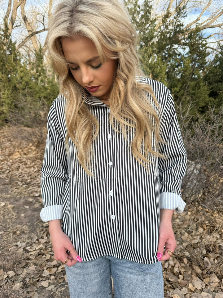 Emily Black & White Stripe Button Down Top