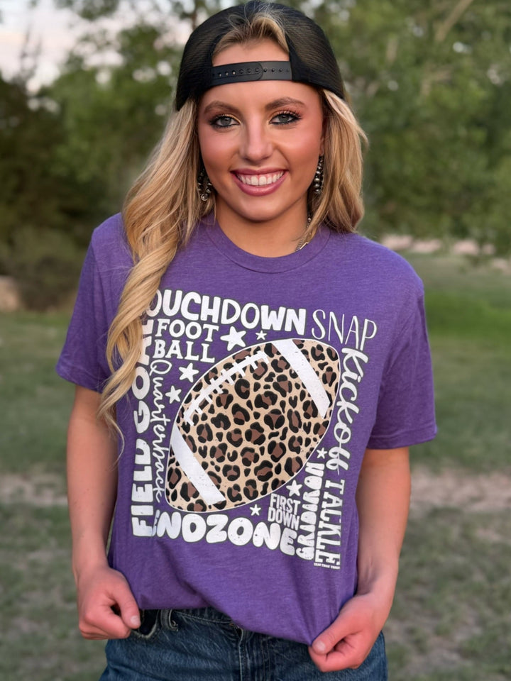 Leopard Football with Scattered Words Tee by Texas True Threads