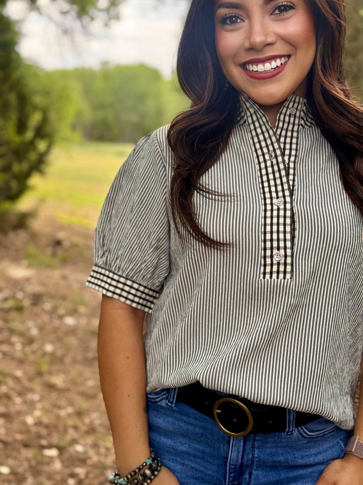 Gia Striped Gingham Button Up Top