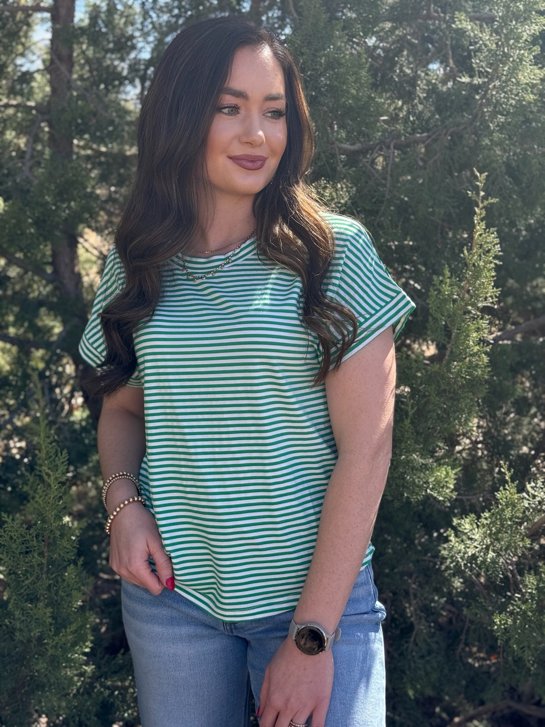 Samantha Green & White Striped Top