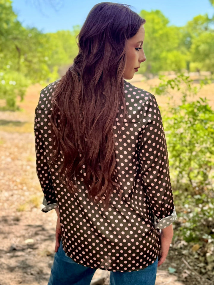 Hallie Pink Dot Button Up Top