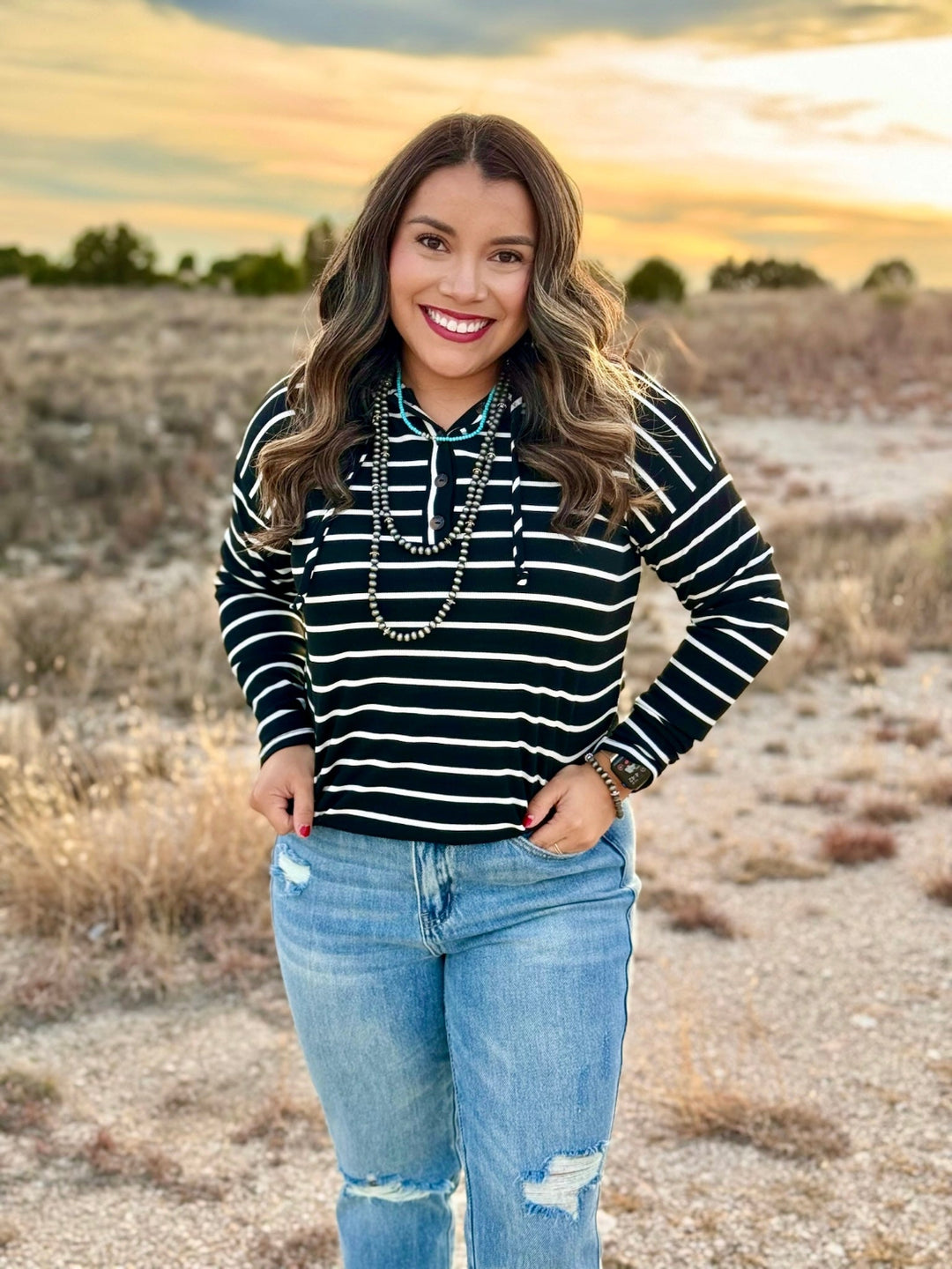 Carly Black & White Striped Hooded Pullover