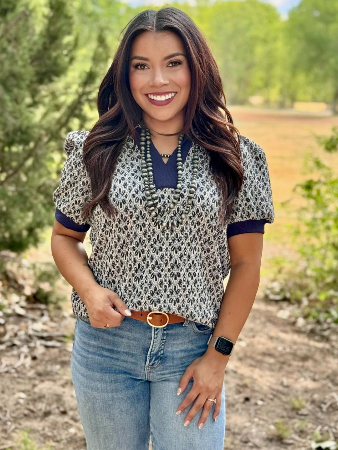 Trea Navy Accent V-Neck Top