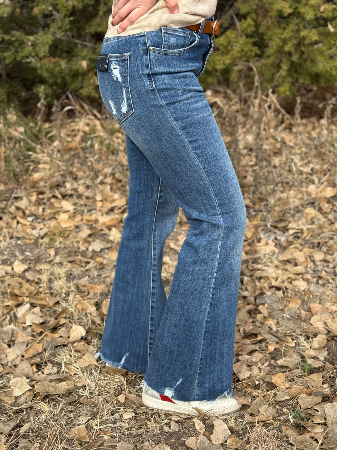 Aliyah Dark Wash Raw Hem Flare Jeans by Risen