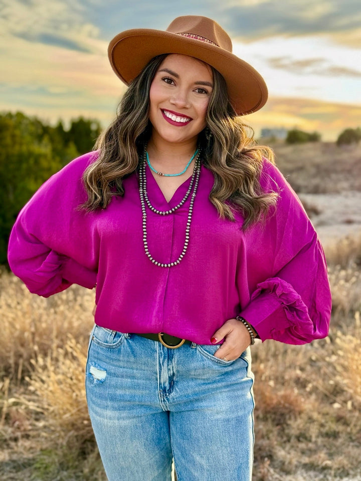 Peggy Magenta V-Neck Long Sleeve Blouse