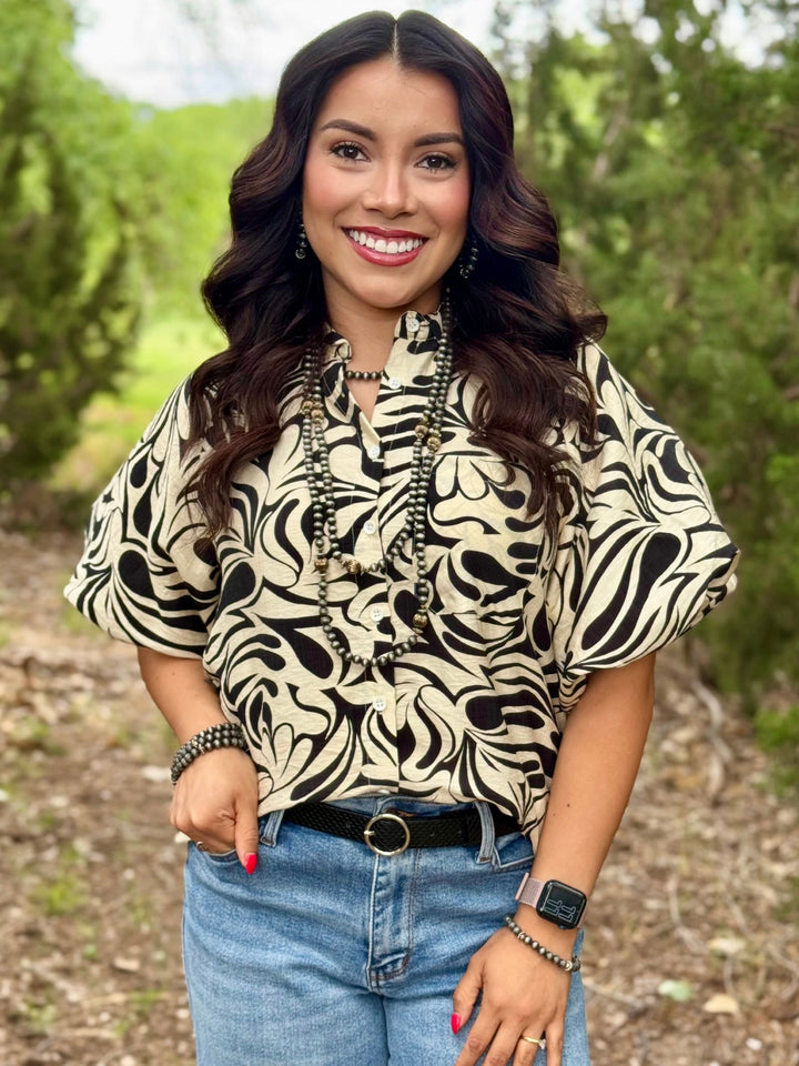 Maden Black & Cream Puff Sleeve Top