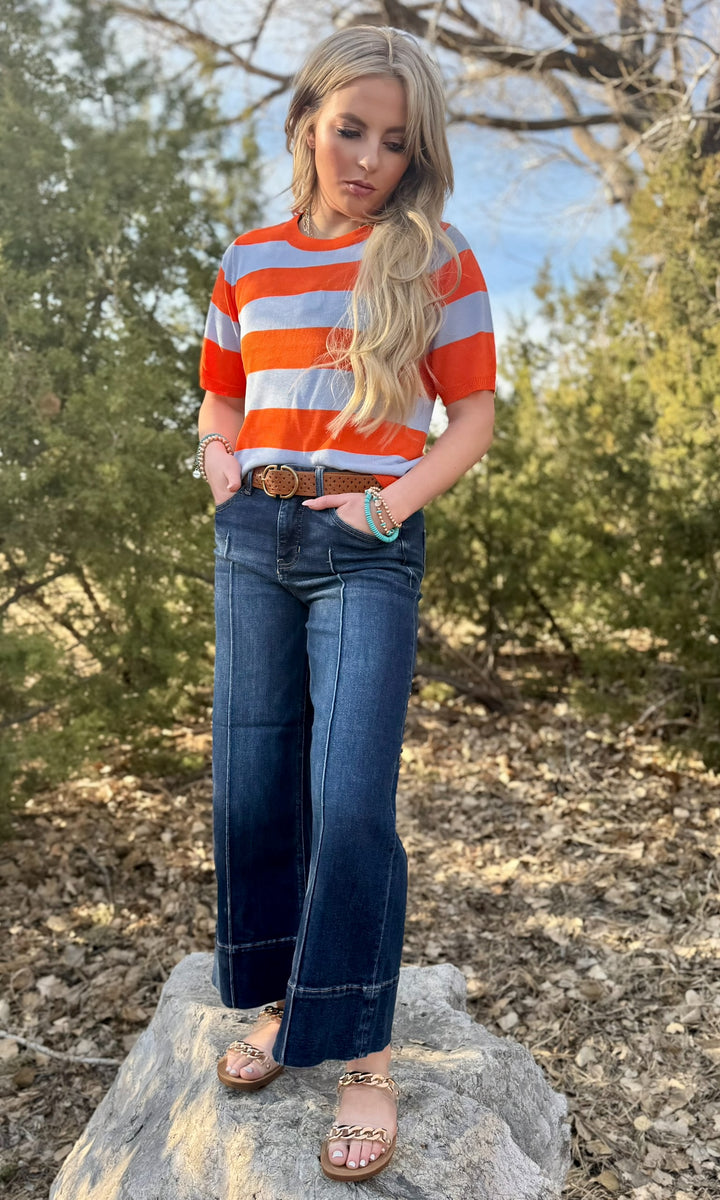 Kashli Orange & Blue Striped Knit Top