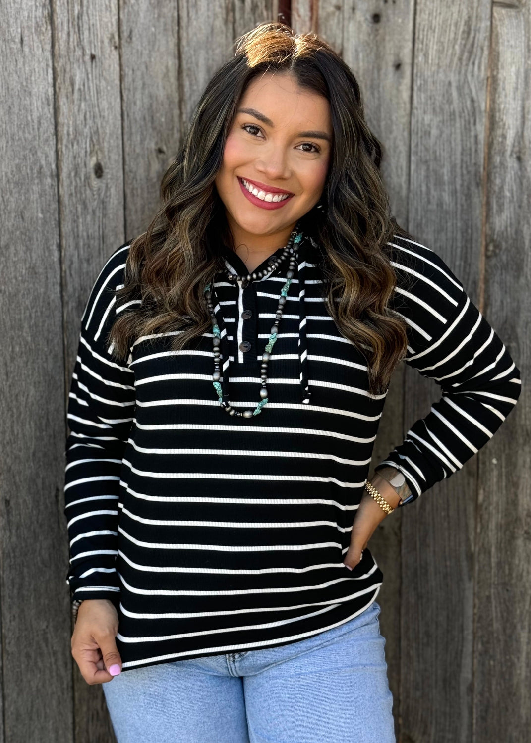 Carly Black & White Striped Hooded Pullover