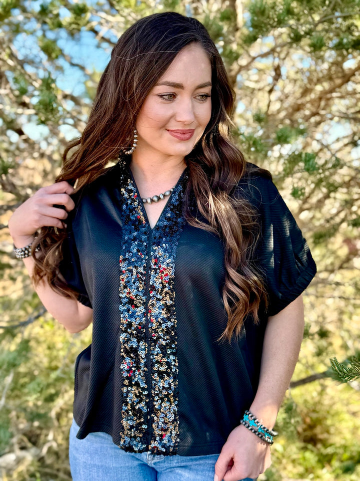 Paris Black Sequin V-Neck Top