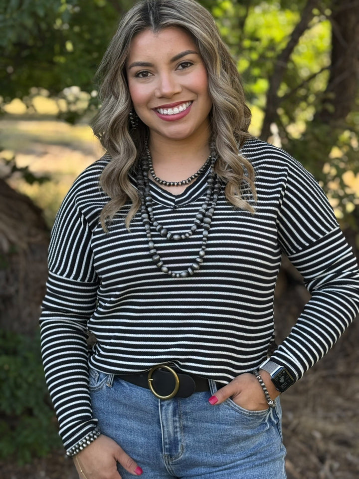 Laura Black & White Striped V-Neck Top