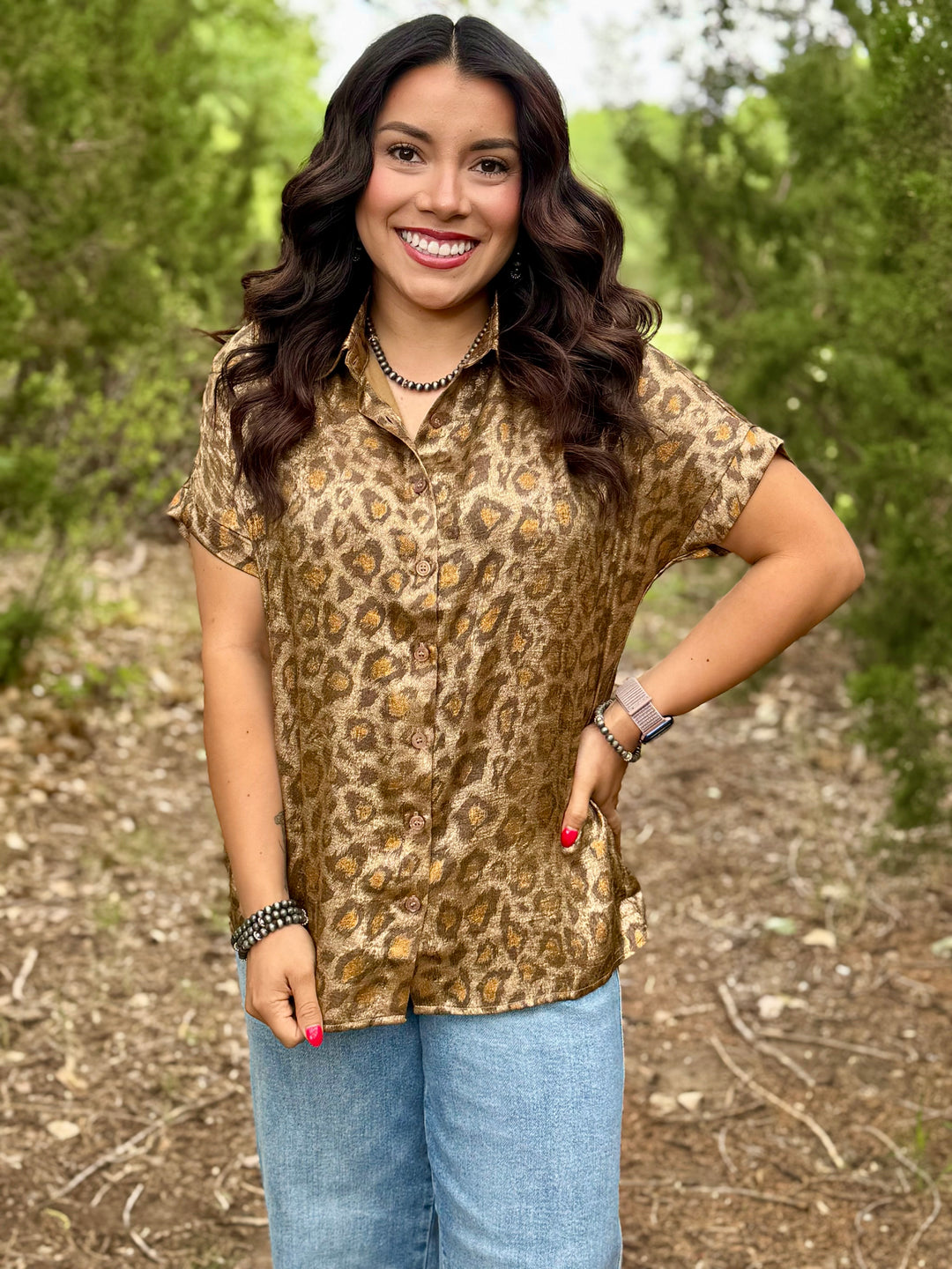 Shimmer Leopard Button Up